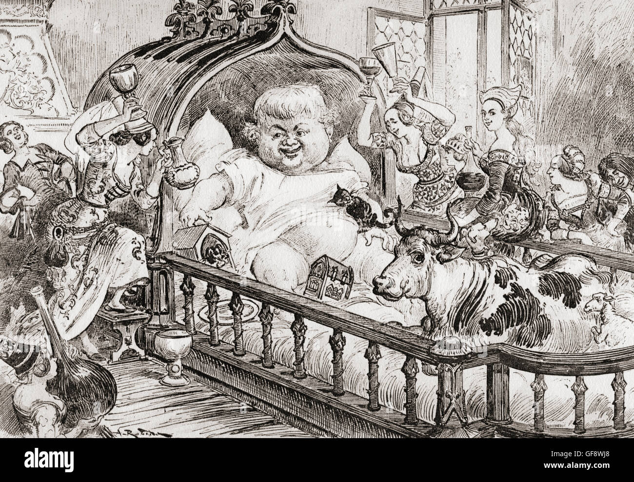 Gargantua Au Berceau or Gargantua in the Cradle.  After the  illustration by Albert Robida for Gargantua and Pantagruel by François Rabelais. Stock Photo