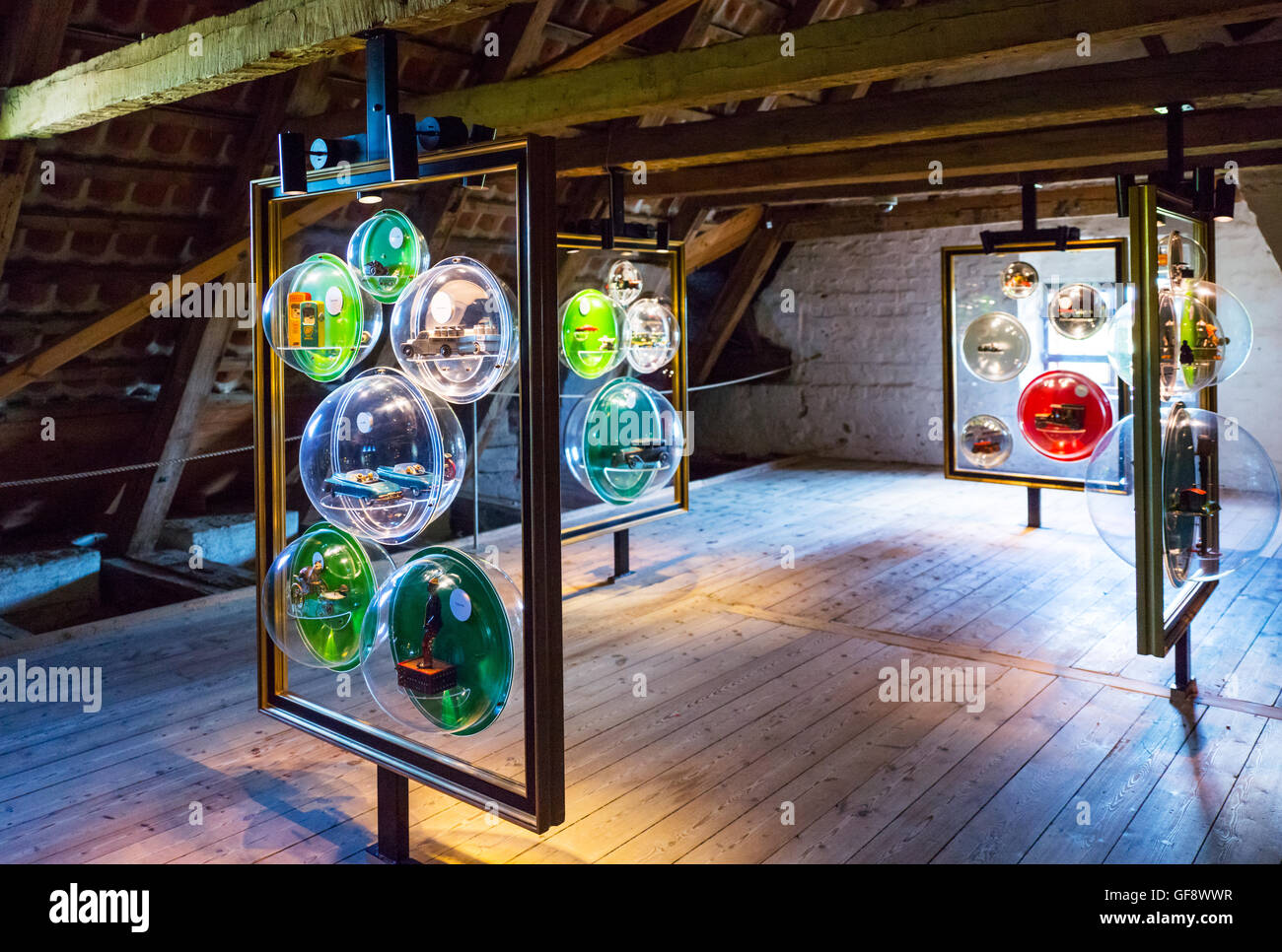 Kvaerndrup, Denmark - July 21, 2015: Art works with cars models in the attic of the Egeskov castle Stock Photo