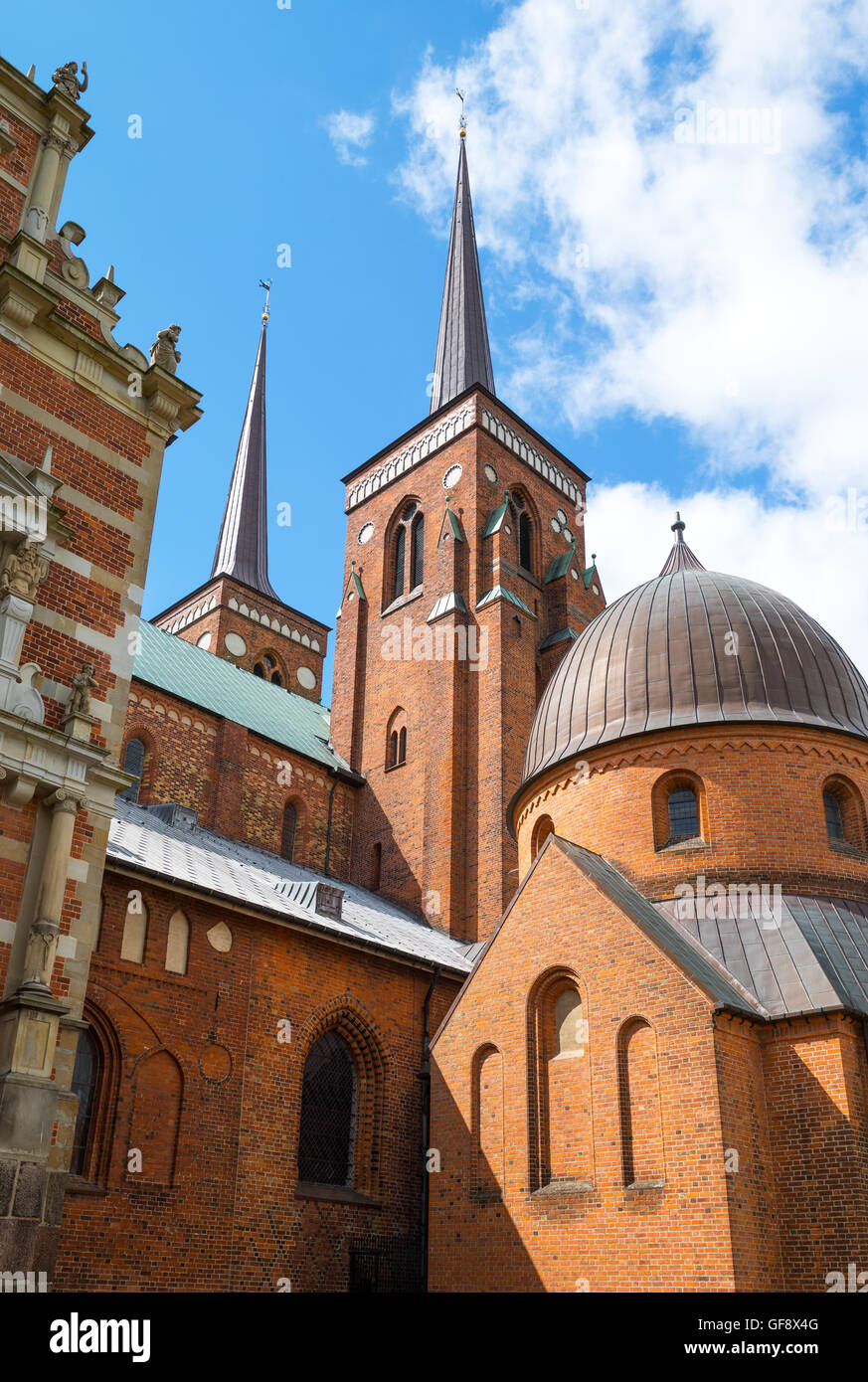 Roskilde, upward view of the Romanesque and Gothic transitional style Cathedral Stock Photo