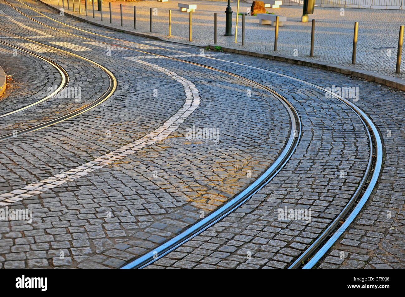 Winding road with tram lines Stock Photo