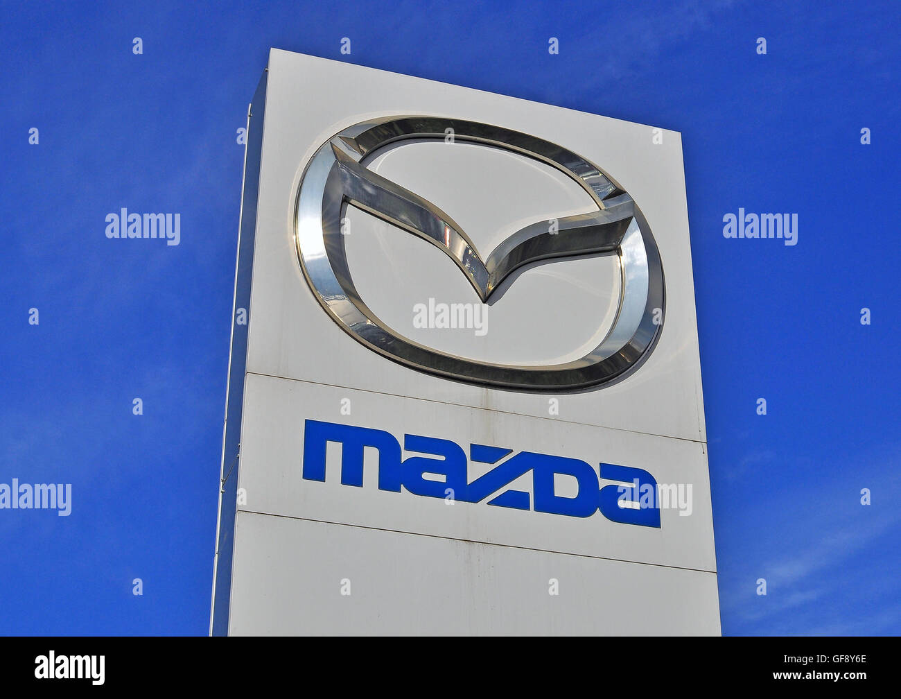 MOSCOW, RUSSIA - OCTOBER 10, 2015: Logotype of Mazda corporation on October 10, 2015. Mazda is the Japanese automotive manufactu Stock Photo