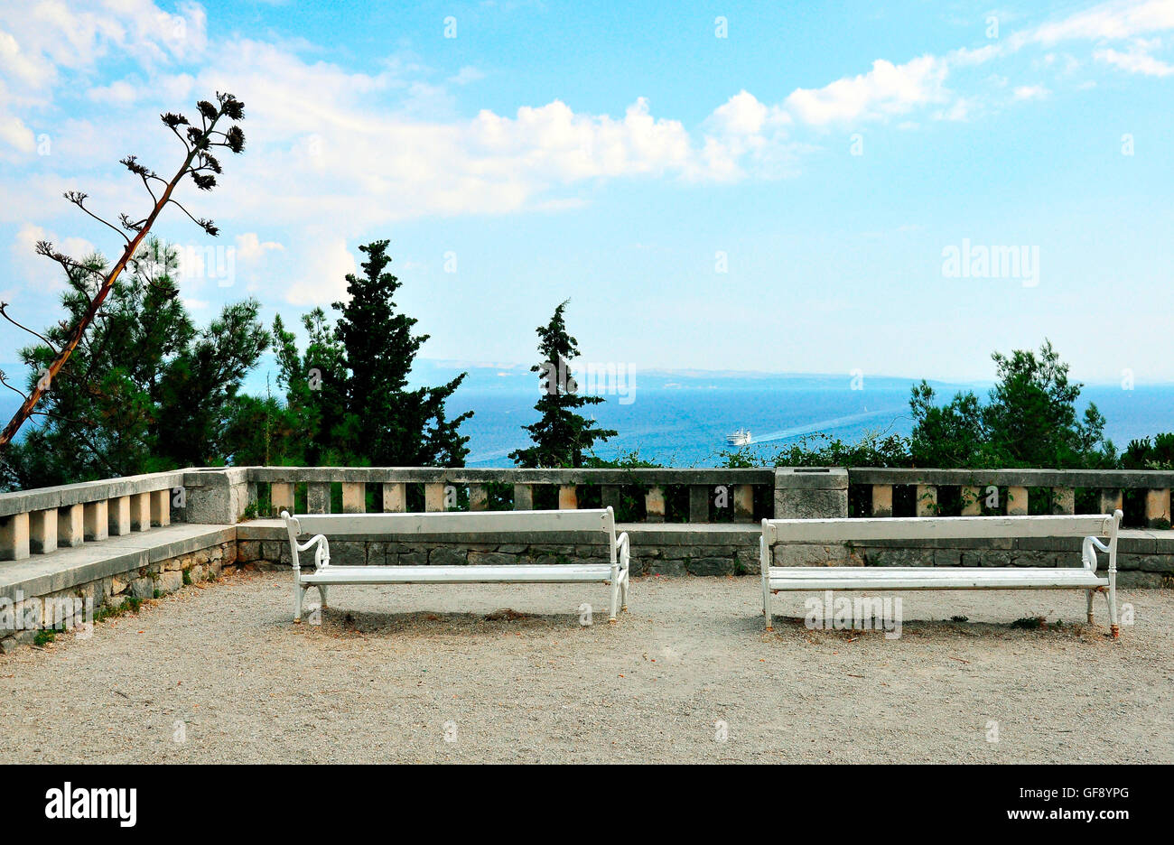 Two Benches over the Mediterranean sea Stock Photo