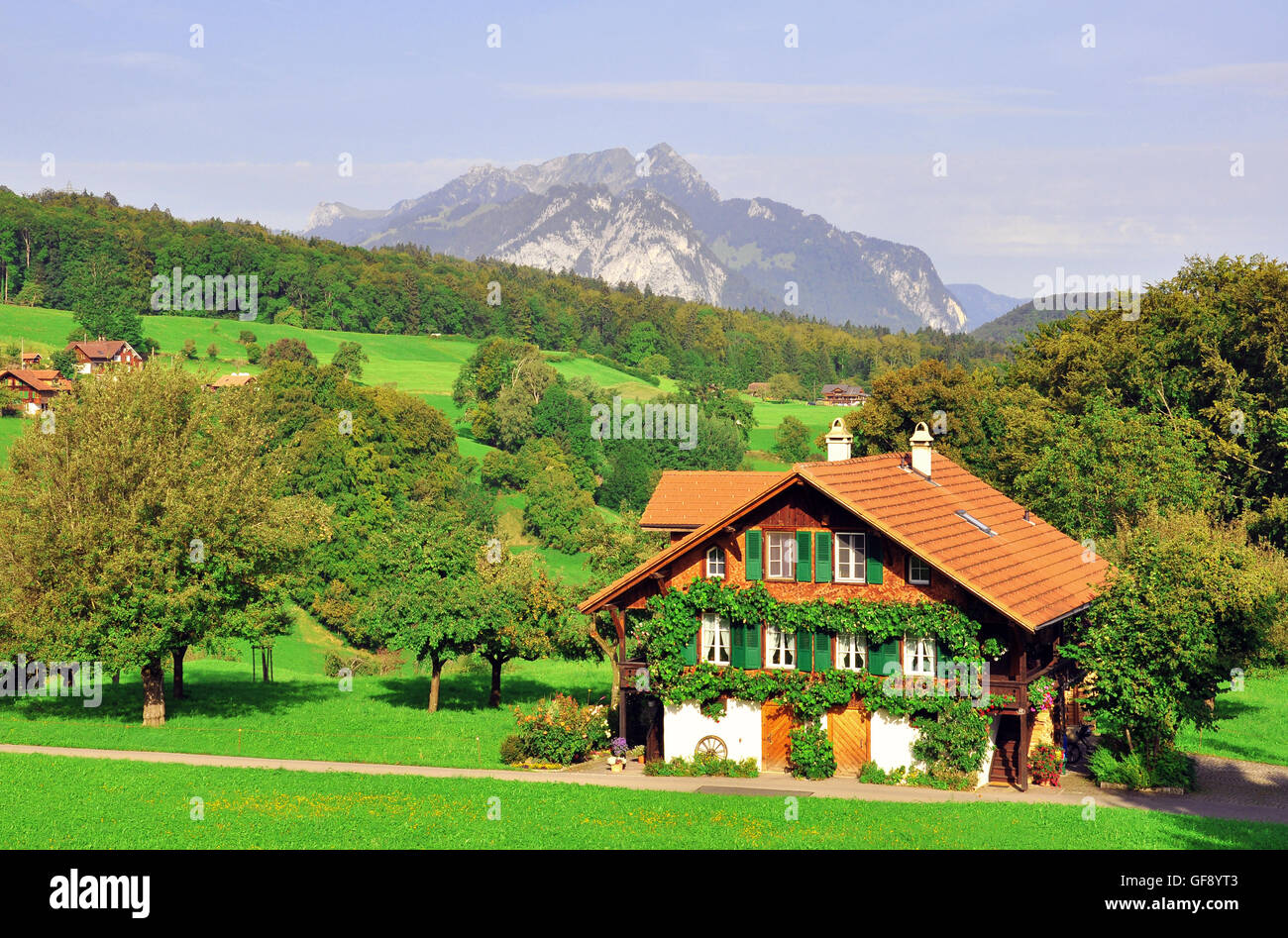 Swiss chalet in Bernese Alps Stock Photo