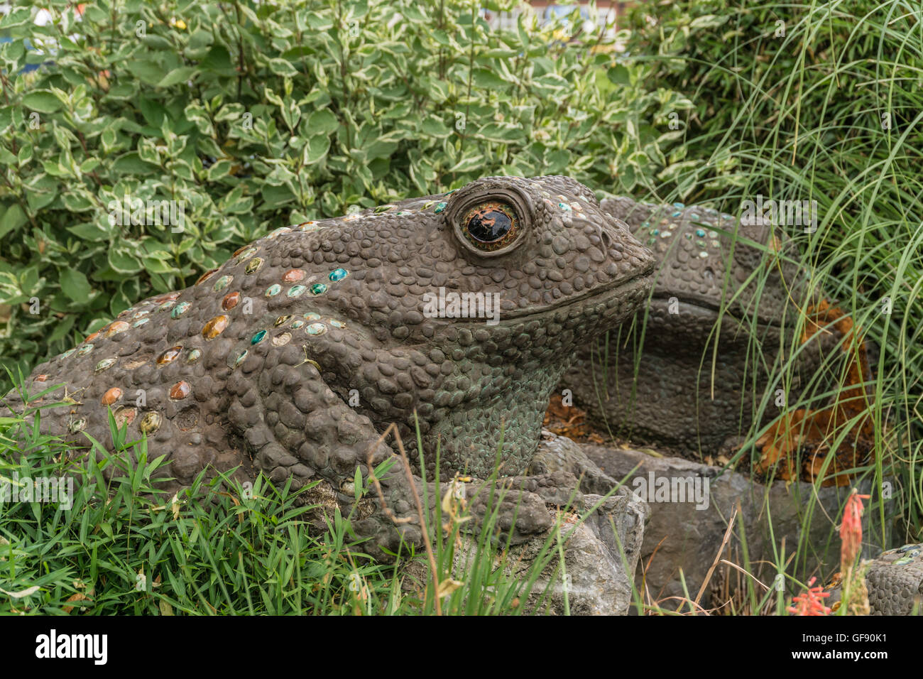 Toads statues of Victoria Park in Taunton Town, England. Stock Photo