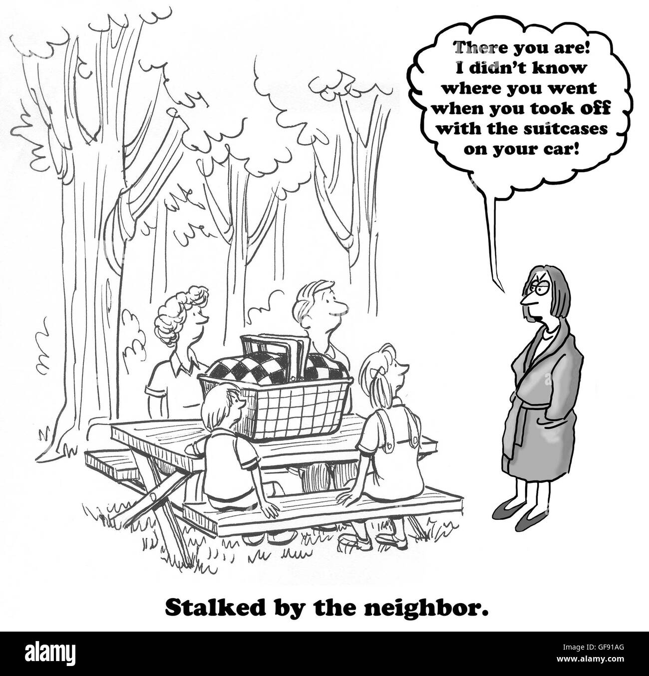 Cartoon about a nosy next door neighbor. Stock Photo