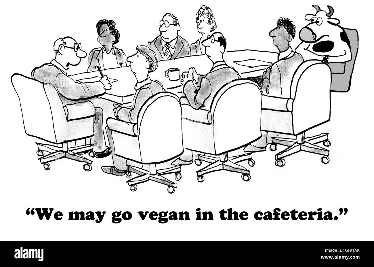 Business cartoon about responding to employees and, as a result, going vegan in the cafeteria. Stock Photo