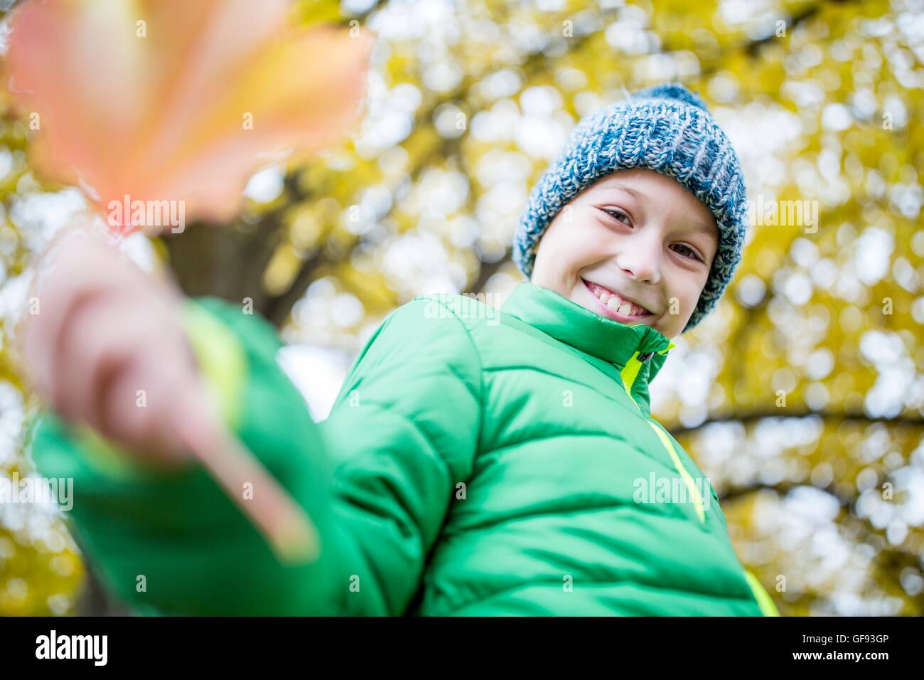 MODEL RELEASED. Smiling boy wearing woolly hat and jacket holding leaf, portrait, close-up. Stock Photo