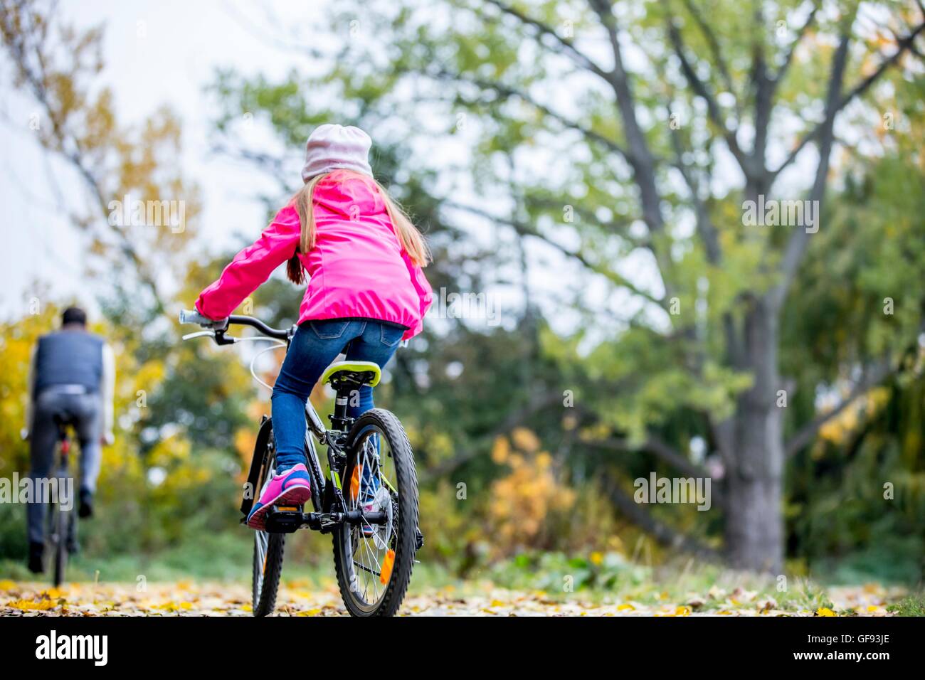 MODEL RELEASED. Rear view of girl cycling in autumn. Stock Photo