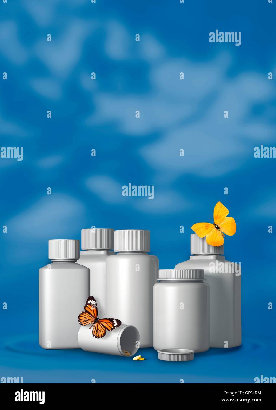 Generic pill bottles and butterflies, illustration. Stock Photo