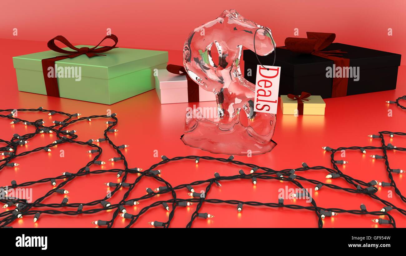 Melting dollar sign with Christmas lights showing Christmas deals as prices fall. Surrounded by