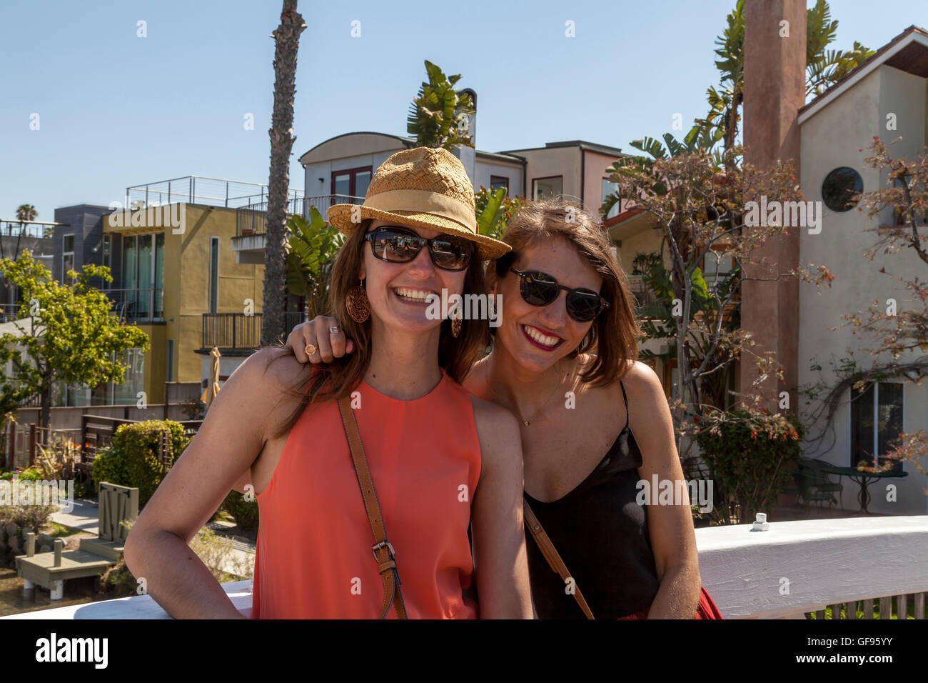 French tourists at Venice Canal, Venice Beach, California, USA Stock Photo