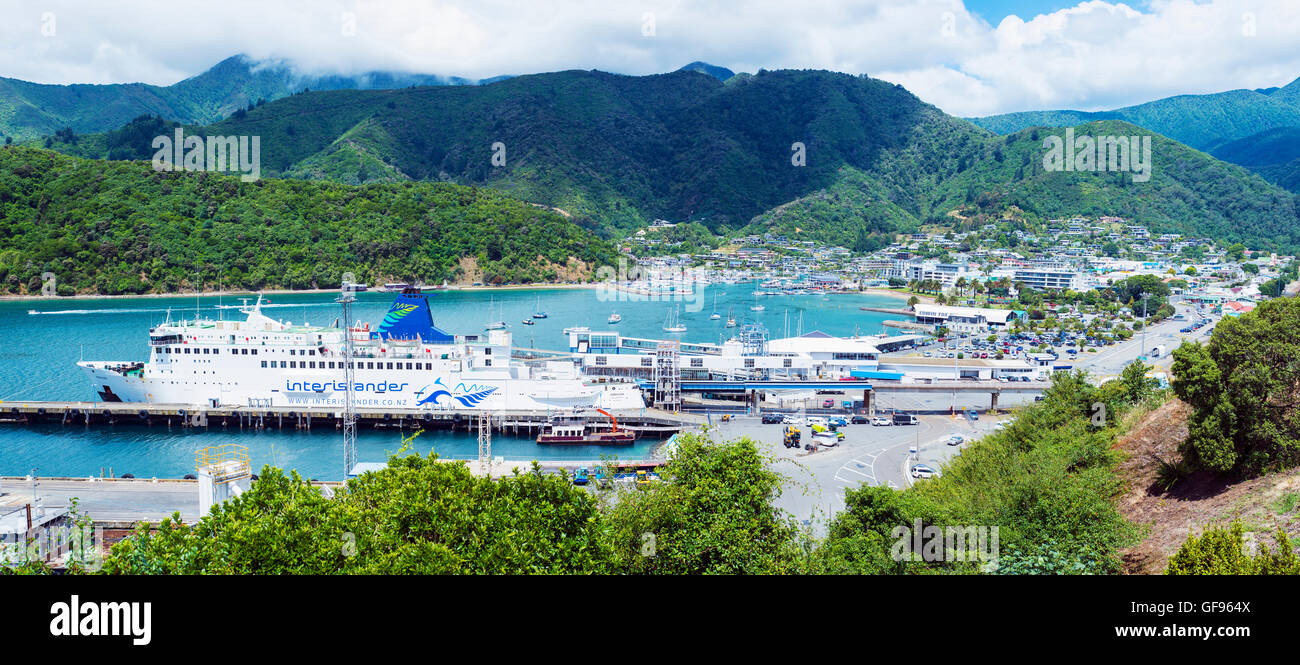 The ferry terminal and town of Picton in New Zealand with the now retired DEV Arahura ferry in port. Stock Photo