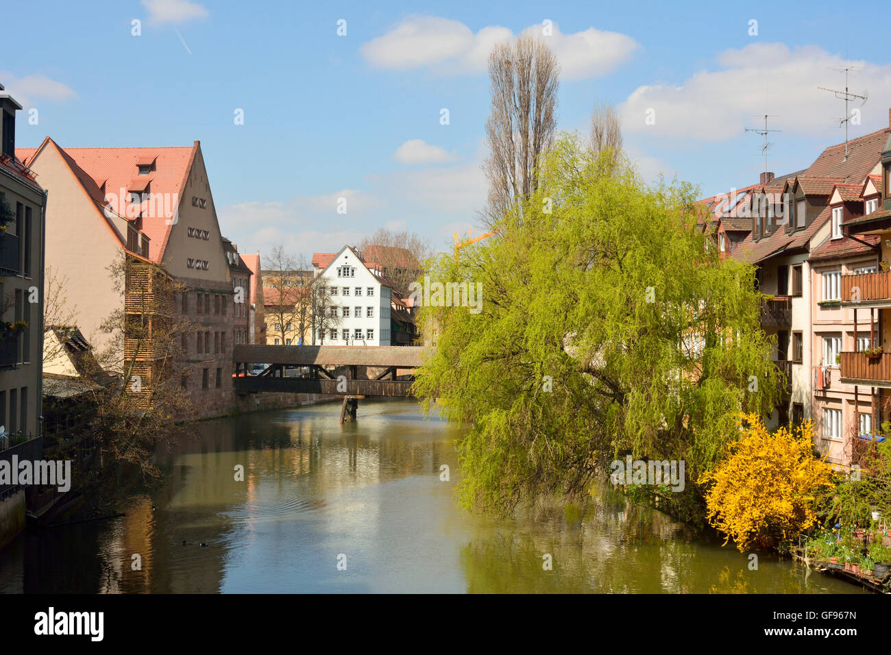 Historic buildings on Pegnitz riverside in Nuremberg old town district. Stock Photo