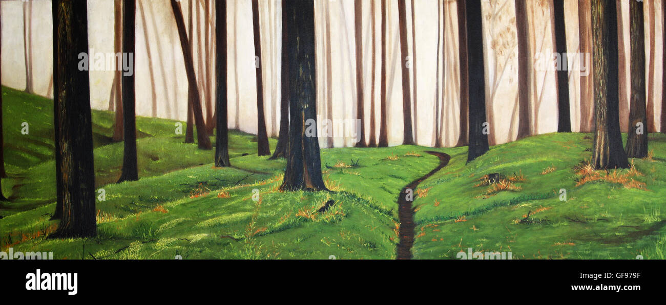 Colourfull original oil painting of a forest Stock Photo