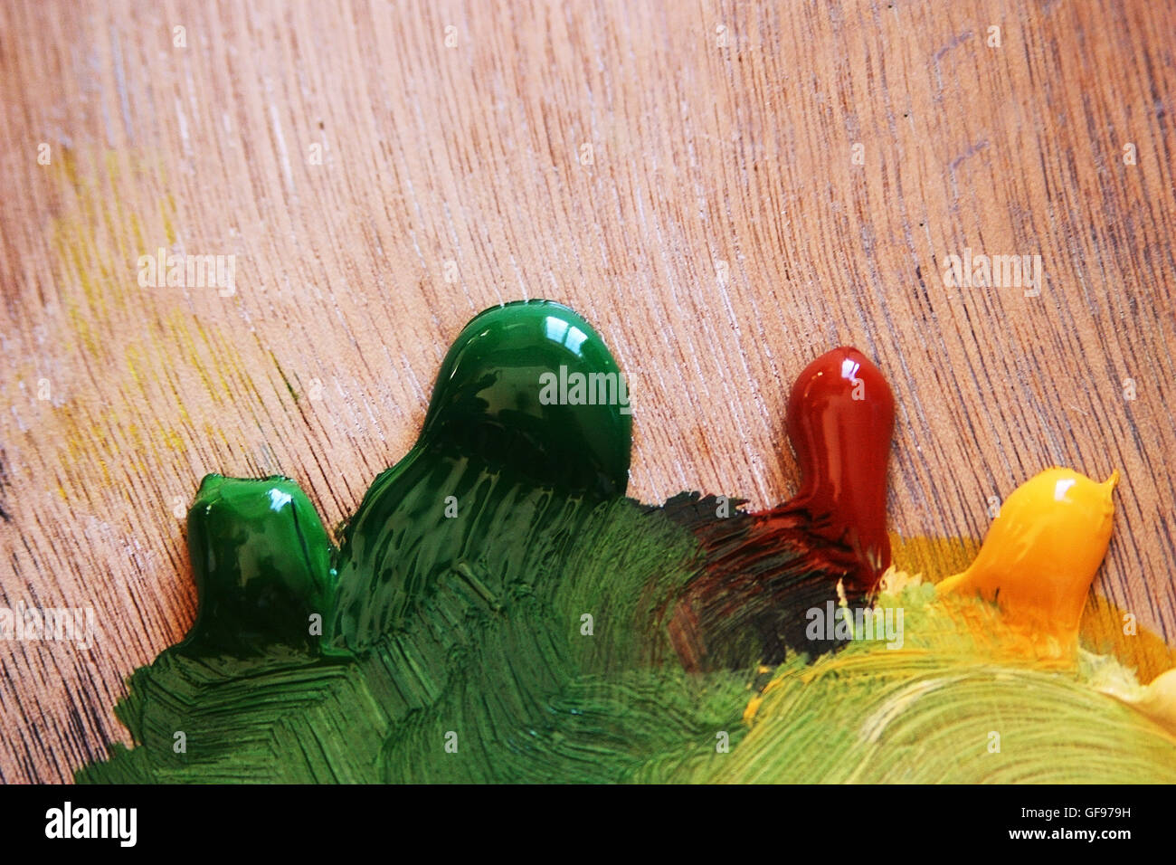 detail of a oil painter palette with green red and yellow paint Stock Photo