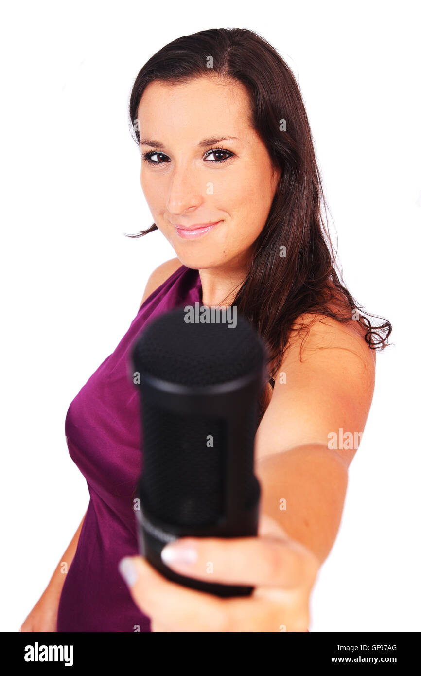 A female singer in action in white background Stock Photo