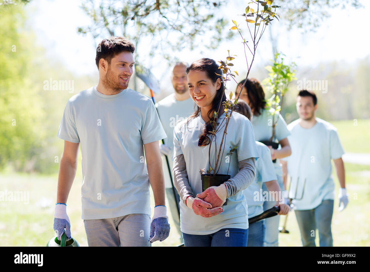 group of volunteers with trees and rake in park Stock Photo