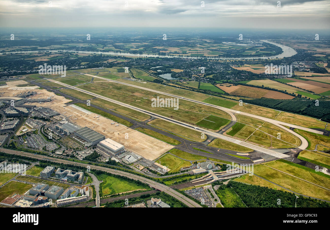 Aerial view, Dusseldorf International Airport, runways and landing strips, Rhine loop, Airport Dusseldorf, DUS, advance, Stock Photo