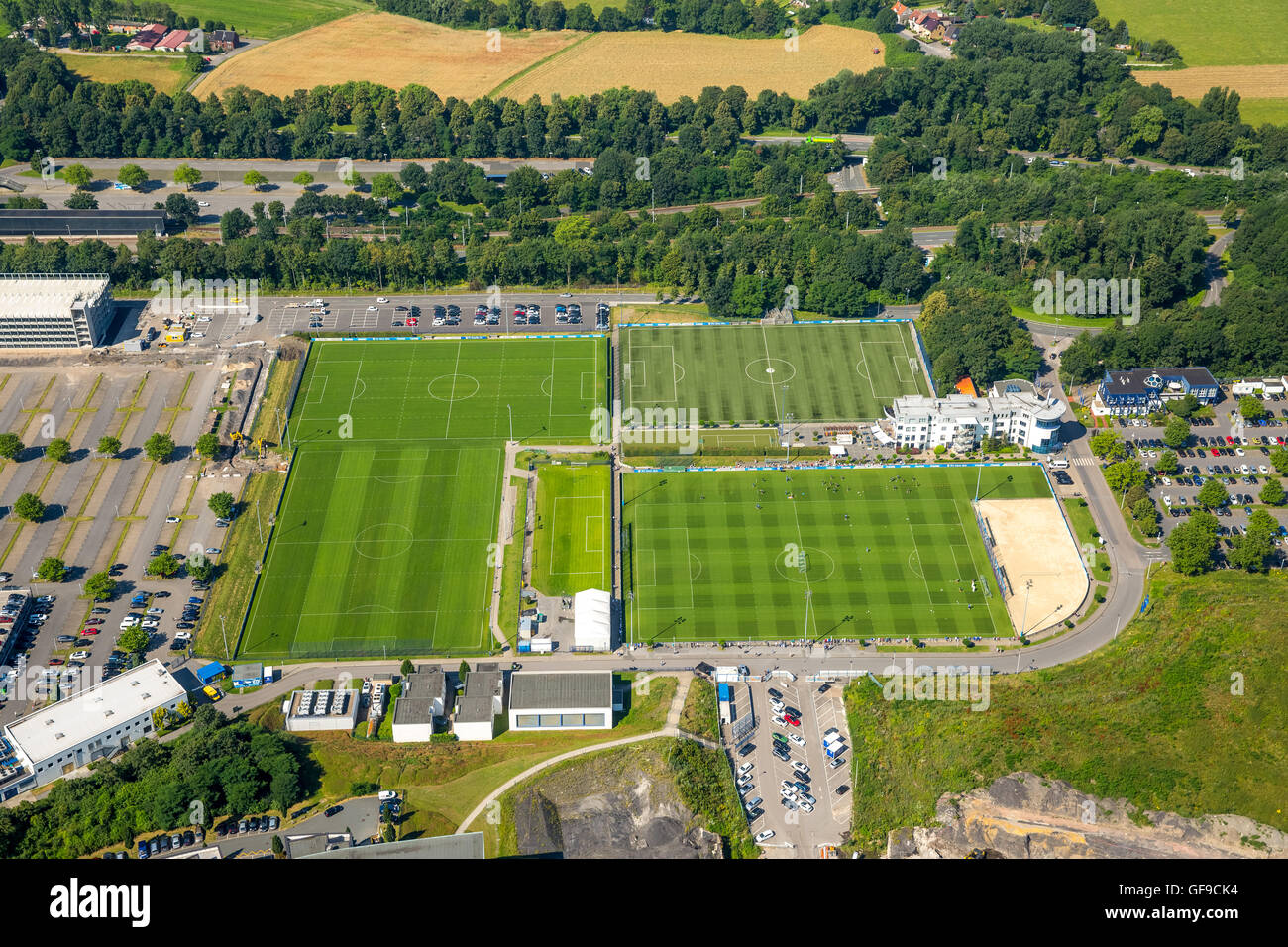Aerial view, Trainig the Bundesliga team S04 on the practice courts at Charly's Schalke football fans, Gelsenkirchen, Stock Photo