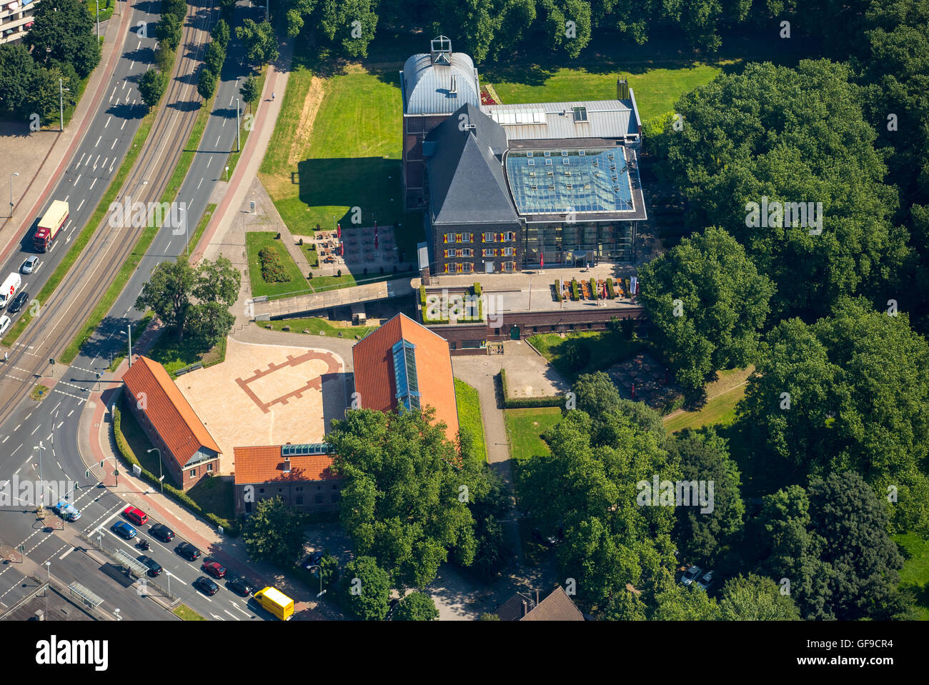 Aerial view, Schloss Horst, bailey castle Horst: Civic center - Town Library - Past Druckwerkstatt, Gelsenkirchen, Ruhr area, Stock Photo