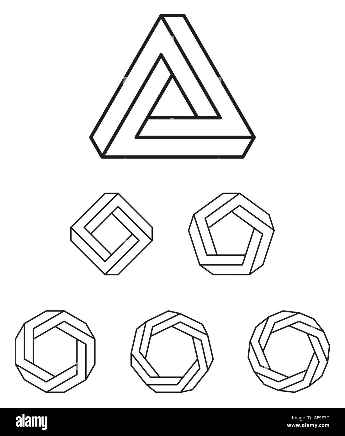 Penrose triangle and polygons outline. The Penrose tribar, an impossible object, appears to be a solid object. Stock Photo