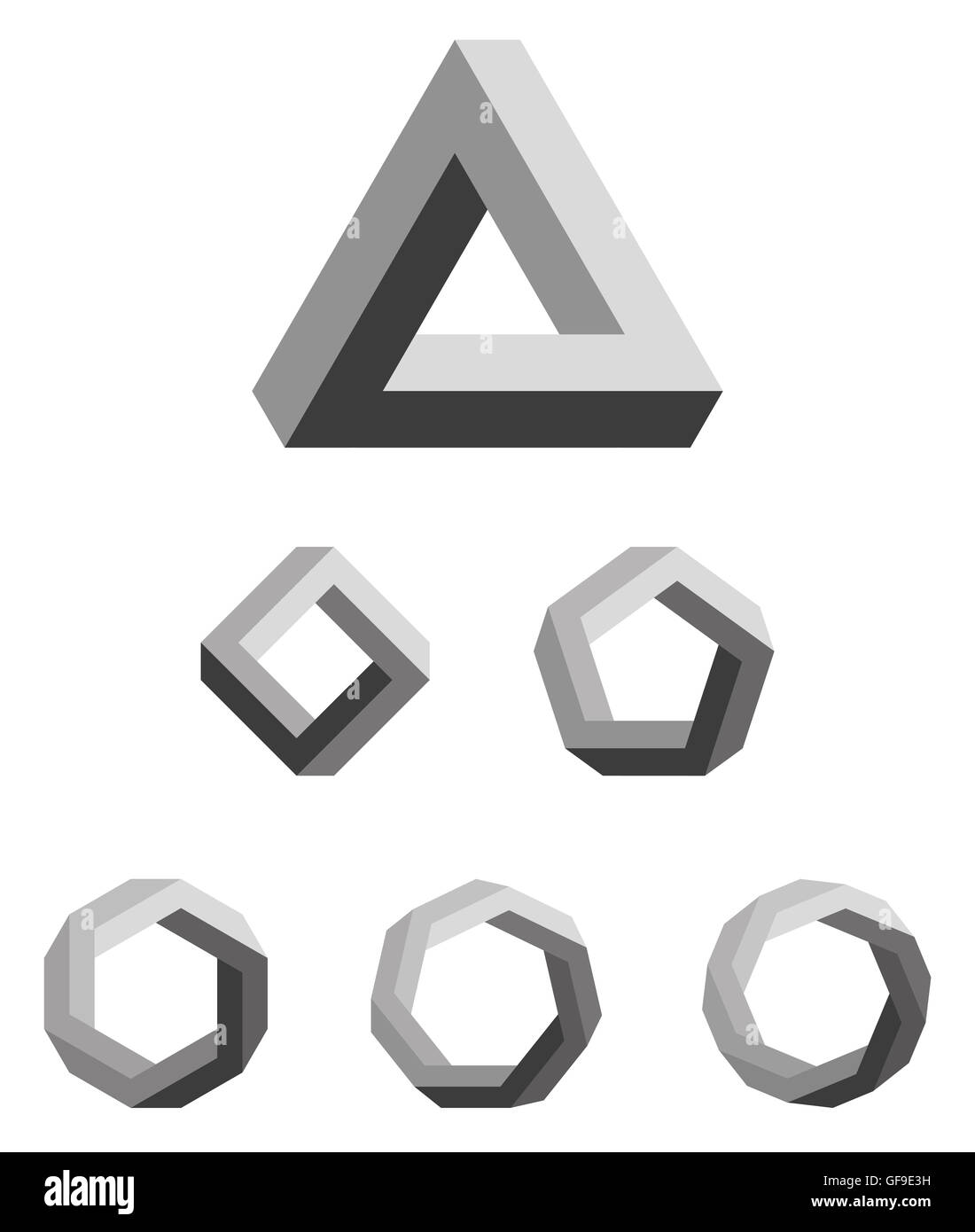 Penrose triangle and polygons gradated black. Penrose tribar, an impossible object, appears to be a solid object. Stock Photo