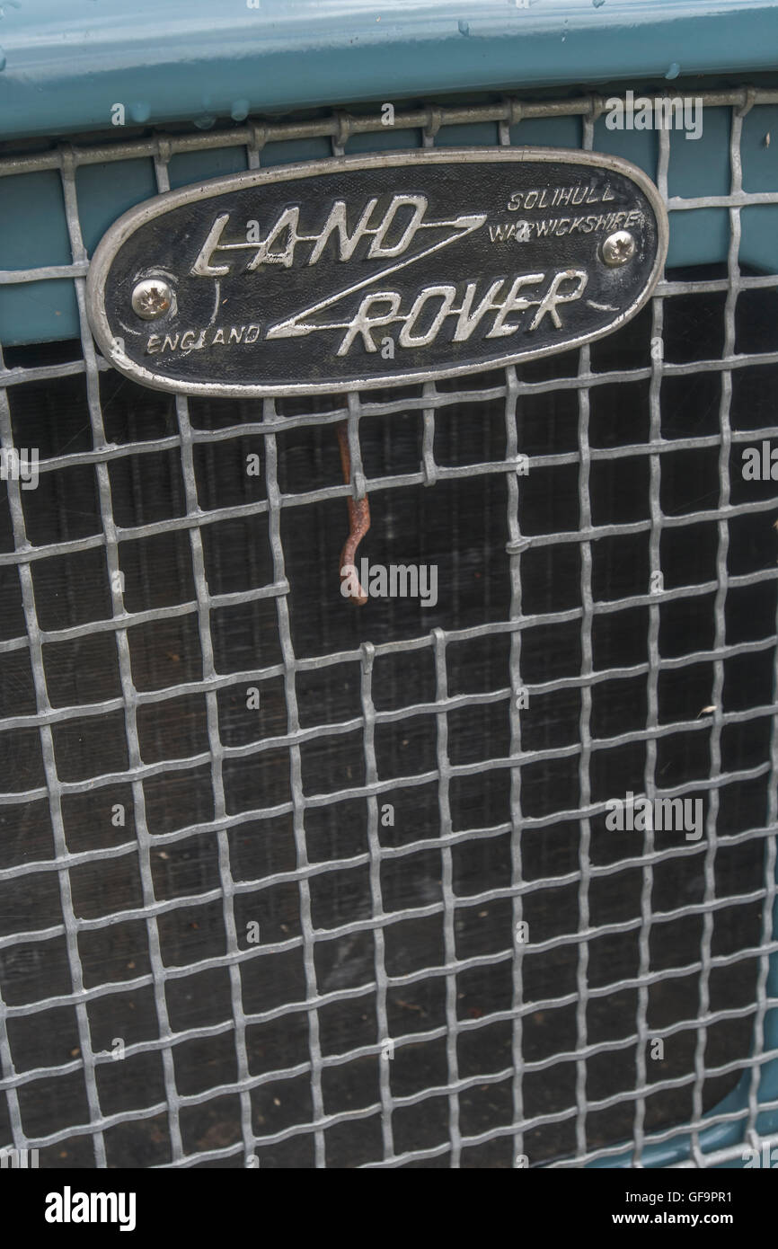 Grille of a very old Land Rover vehicle - a stalwart vehicle marque for farmers, the agricultural community, and country pursuit Stock Photo