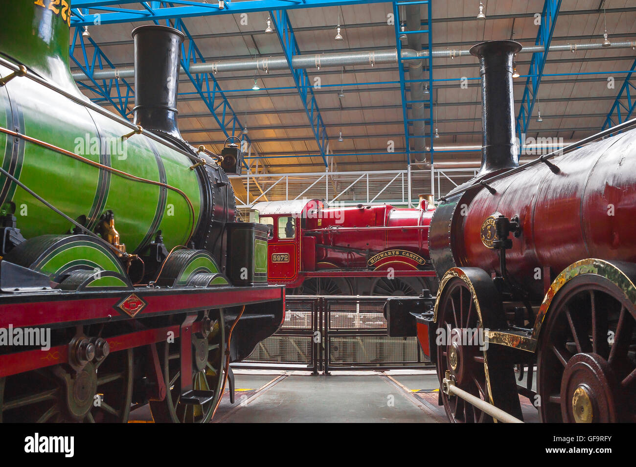 York Railway Museum, a view of three vintage steam locomotive trains in the York Railway Museum, England. Stock Photo