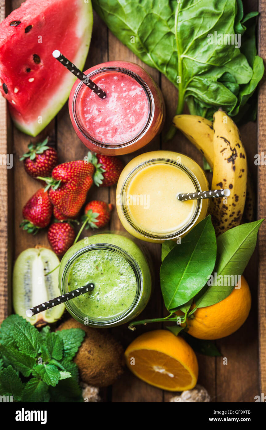 Freshly blended fruit smoothies of various colors and tastes Stock