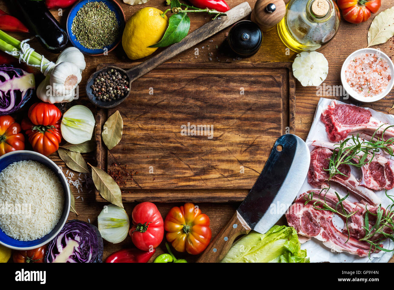 Ingredients for cooking healthy meat dinner. Raw uncooked lamb chops