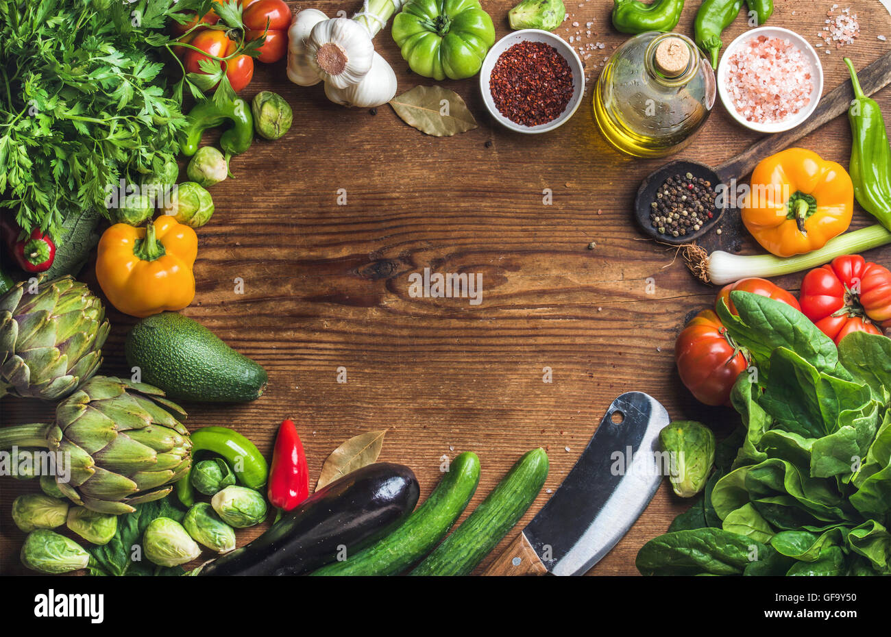 Fresh raw ingredients for healthy cooking or salad making with copy space Stock Photo