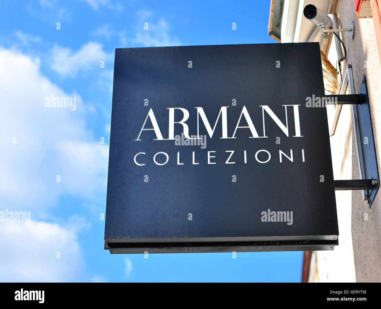 MINSK, BELARUS - OCTOBER 4: Armani Collezioni logo on the flagship store in Minsk on October 4, 2014. Armani Collezioni is a glo Stock Photo