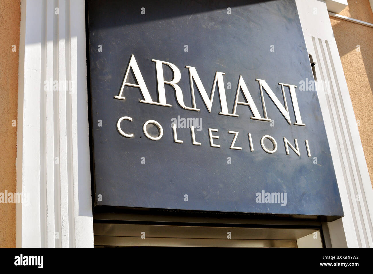 MINSK, BELARUS - OCTOBER 4: Armani Collezioni logo on the flagship ...