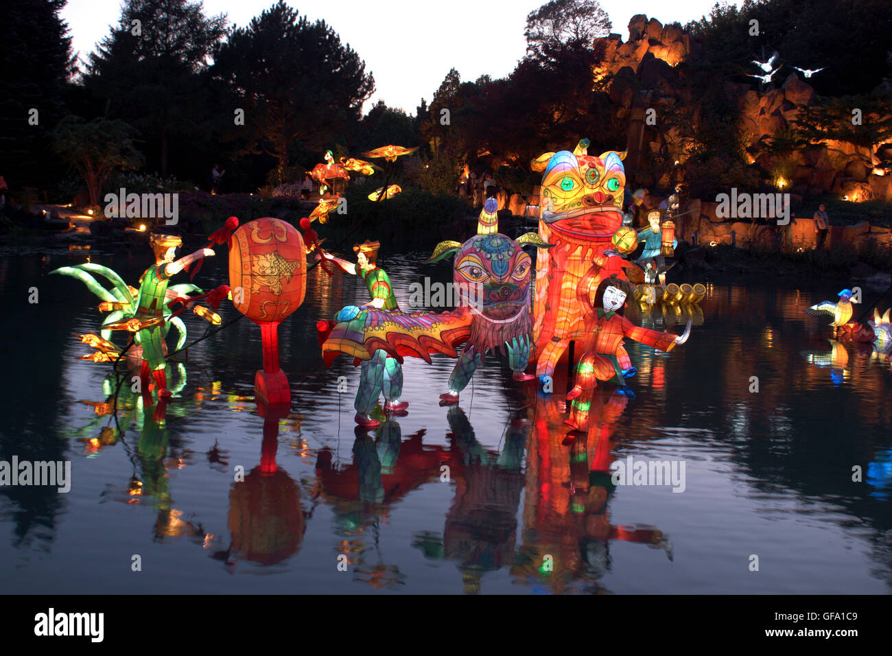 Chinese Lanterns at the Montreal Botanical Gardens. Quebec - Canada. Mythical Creatures Stock Photo