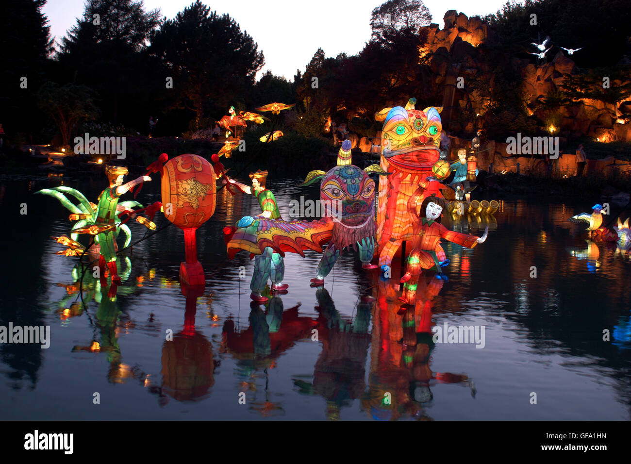 Chinese Lanterns at the Montreal Botanical Gardens. Quebec - Canada. Mythical Creatures Stock Photo