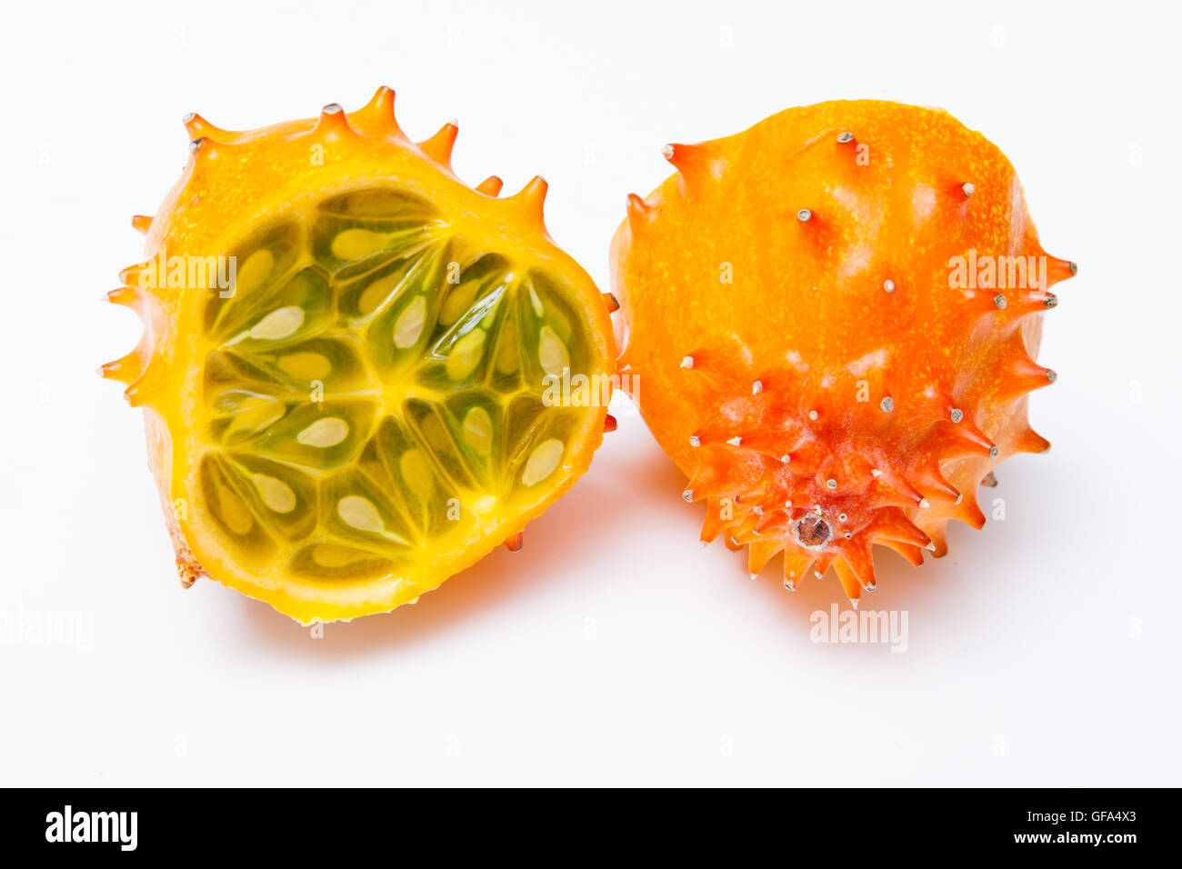 Cucumis metuliferus, horned melon or kiwano isolated on a white studio