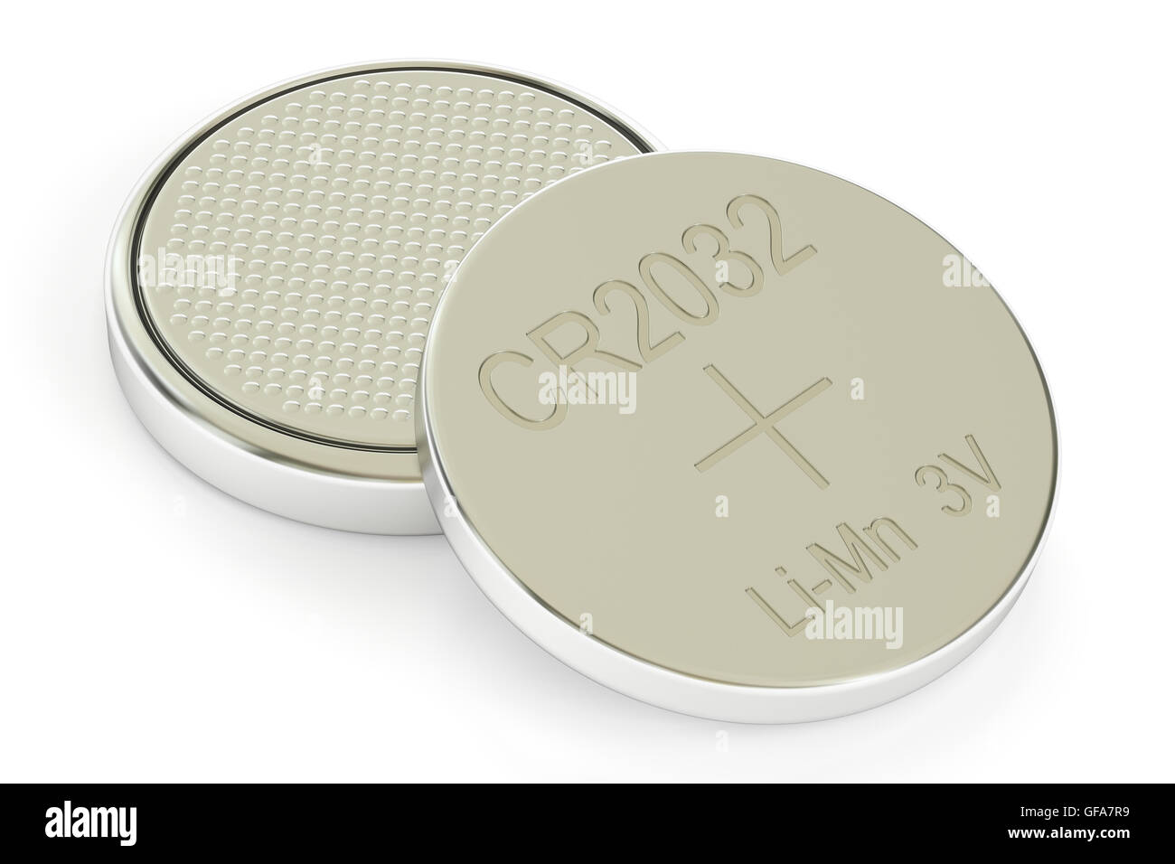 Two button cells, 3D rendering isolated on white background Stock Photo