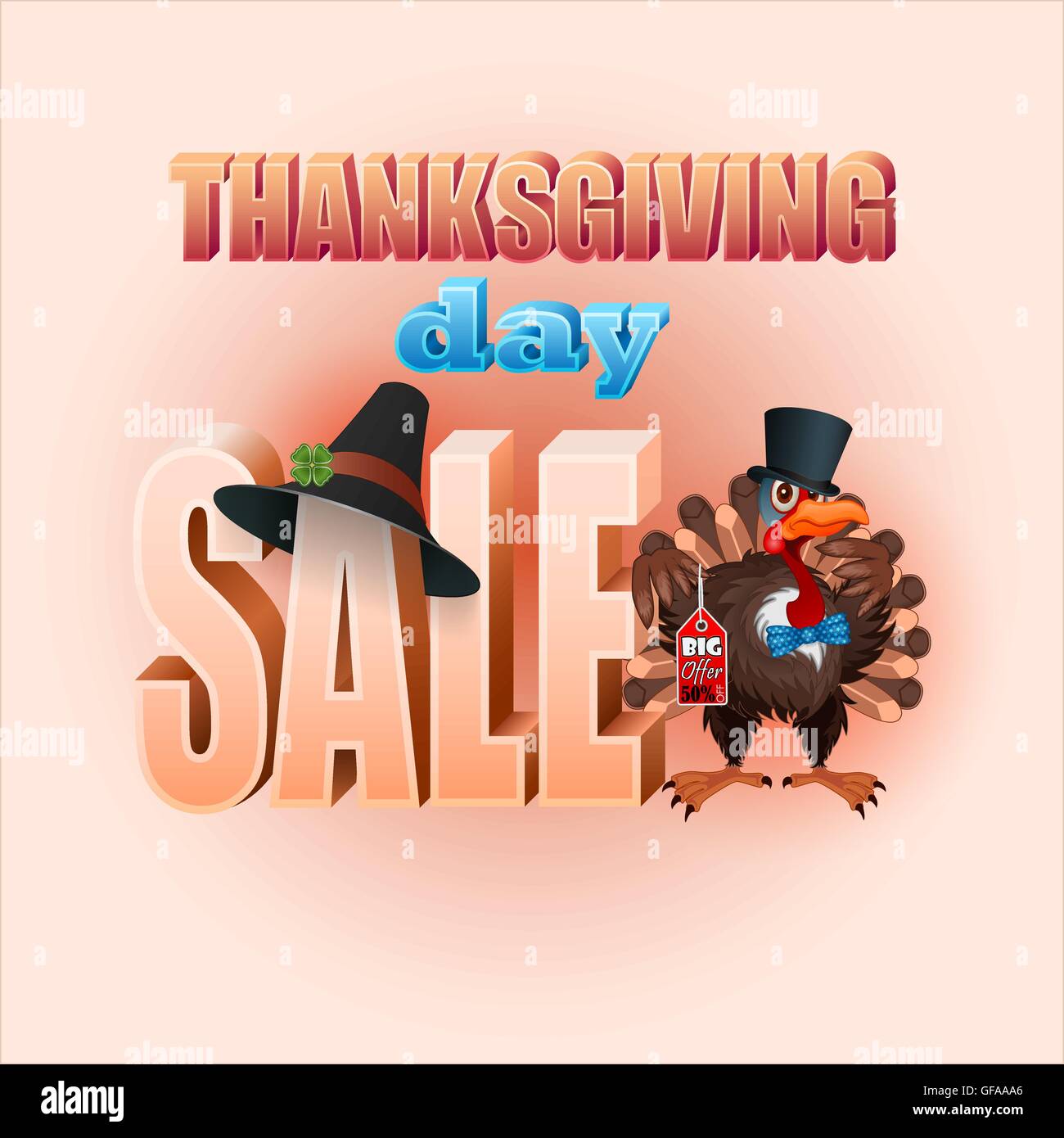 Holiday design with stylized 3d text and cartoon turkey, for Thanksgiving sales, commercial event Stock Vector