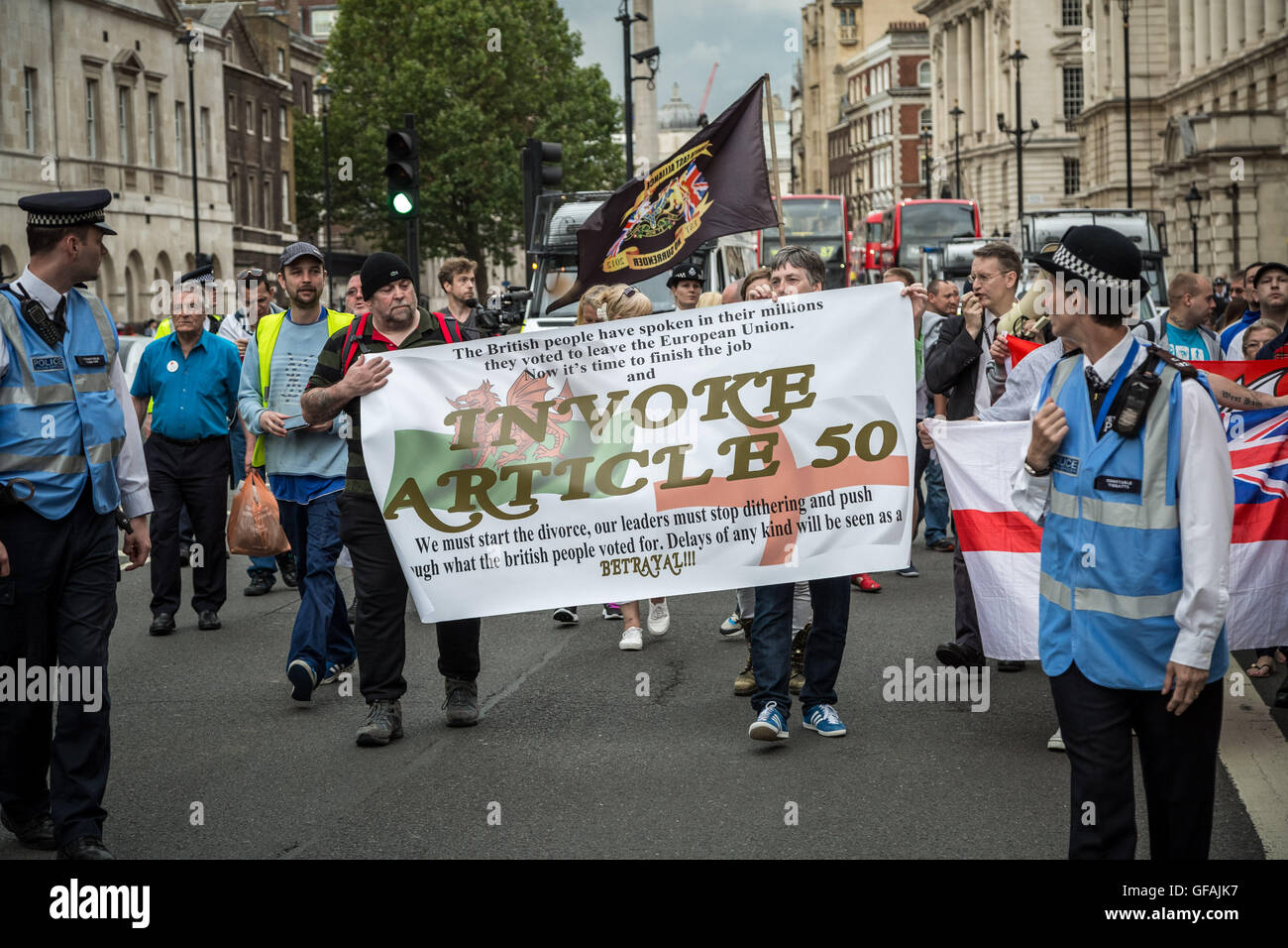 London, UK. 29th July, 2016. Far-Right movement South East Alliance group and other British nationalist groups clash with police and anti-fascist protesters during a march to Downing Street demanding Brexit Article 50 is immediately invoked Credit:  Guy Corbishley/Alamy Live News Stock Photo