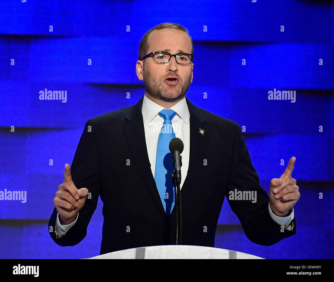 Philadelphia, Us. 28th July, 2016. Chad Griffin, President, Human Rights Campaign, makes remarks during the fourth session of the 2016 Democratic National Convention at the Wells Fargo Center in Philadelphia, Pennsylvania on Thursday, July 28, 2016. Credit: Ron Sachs/CNP (RESTRICTION: NO New York or New Jersey Newspapers or newspapers within a 75 mile radius of New York City) - NO WIRE SERVICE - © dpa/Alamy Live News Stock Photo