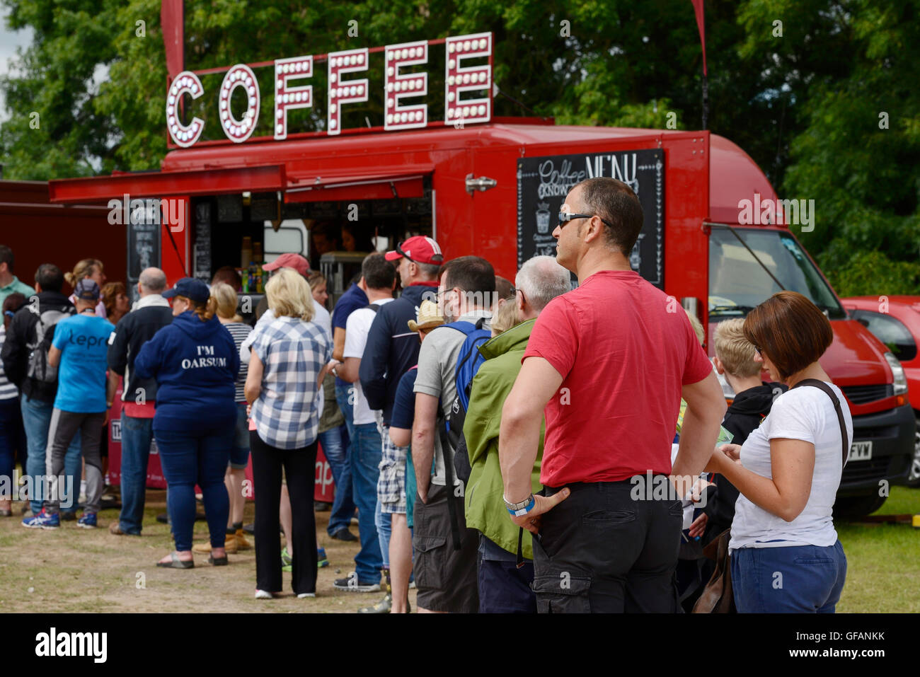Carfest North, Bolesworth, Cheshire, UK. 30th July, 2016. People queuing for coffee. The event is the brainchild of Chris Evans and features 3 days of cars, music and entertainment with profits being donated to the charity Children in Need. Credit:  Andrew Paterson/Alamy Live News Stock Photo