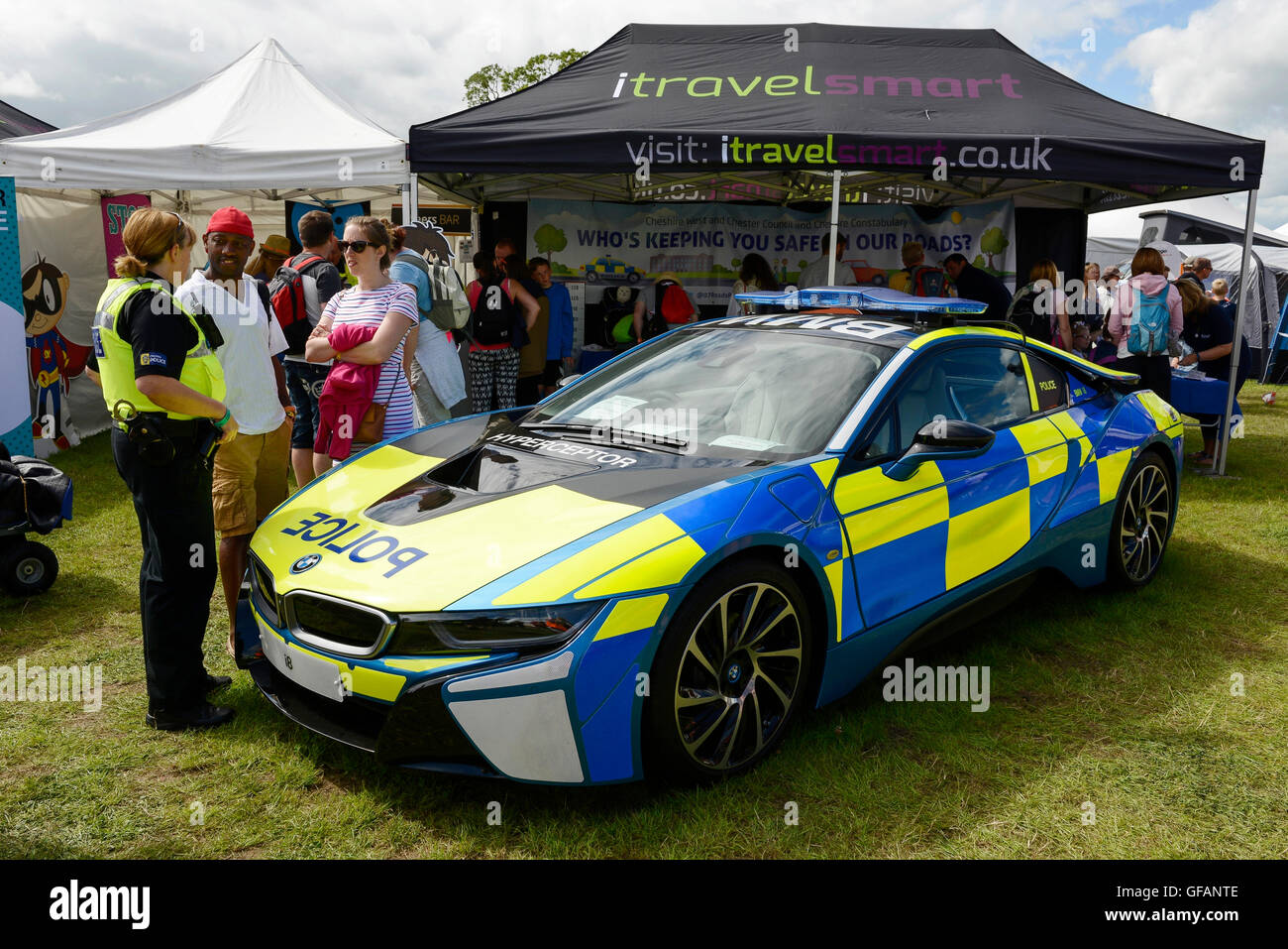 Carfest North, Bolesworth, Cheshire, UK. 30th July 2016. A BMW i8 Interceptor car on display with a Police livery. The event is the brainchild of Chris Evans and features 3 days of cars, music and entertainment with profits being donated to the charity Children in Need. Andrew Paterson/Alamy Live News Stock Photo