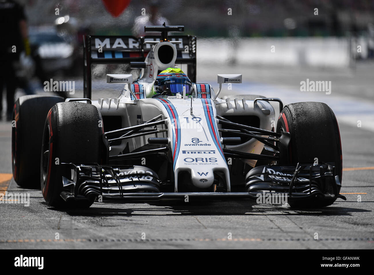 Hockenheim, Germany. 30th July, 2016. Brazilian Formula 1 racer Felipe Massa from Williams Martini Racing arrives to the box during the 3rd open training on the Hockenheimring in Hockenheim, Germany, 30 July 2016. The German Grand Prix takes place on 31 July 2016. Photo: WOLFRAM KASTL/dpa/Alamy Live News Stock Photo