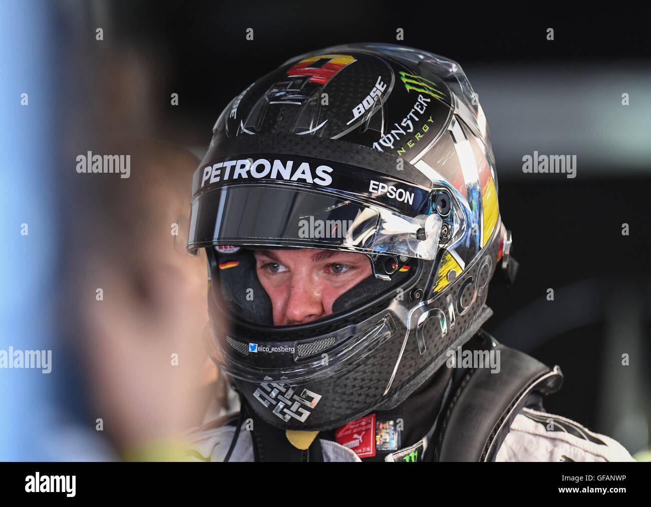 Hockenheim, Germany. 30th July, 2016. German Formula 1 racer Nico Rosberg stands in the box during the 3rd open training on the Hockenheimring in Hockenheim, Germany, 30 July 2016. The German Grand Prix takes place on 31 July 2016. Photo: WOLFRAM KASTL/dpa/Alamy Live News Stock Photo