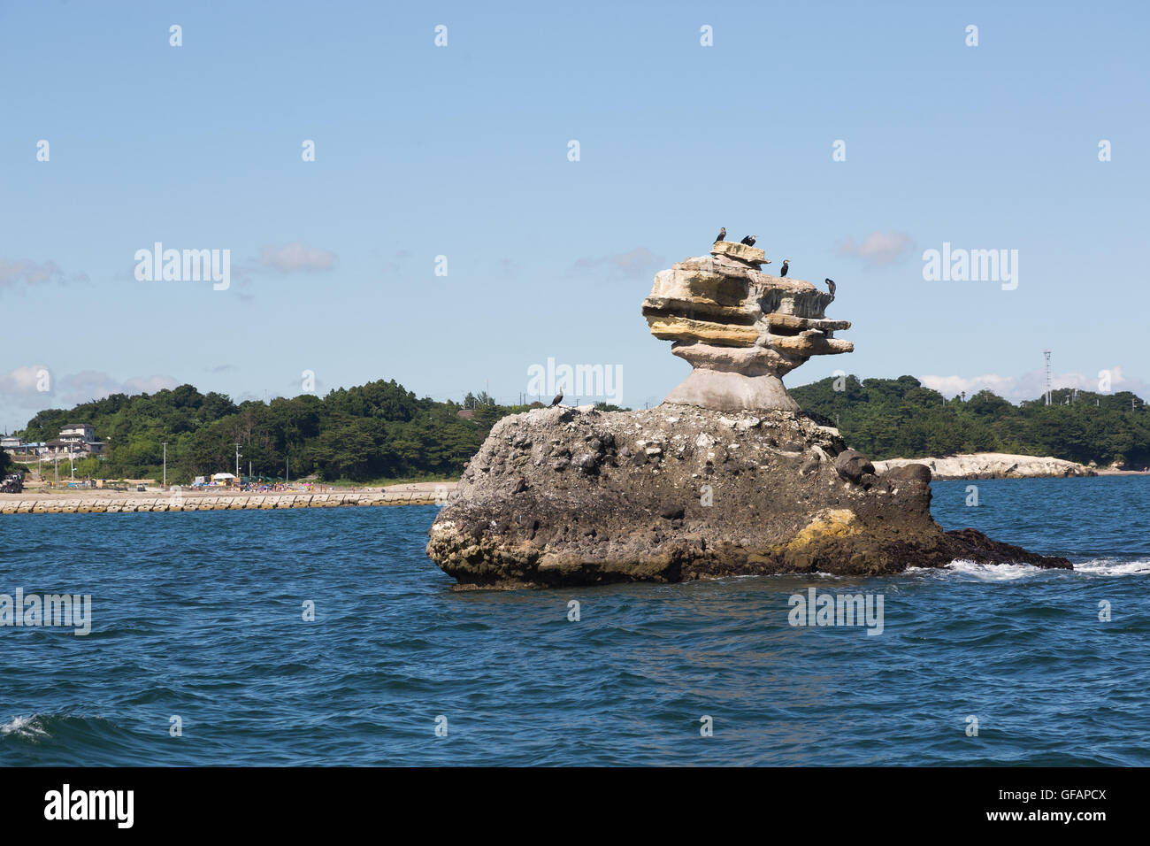 A general view of Matsushima Bay seen from a boat as part of the ''1000km Relay to Tokyo 2016'' promotion event in Matsushima on July 30, 2016, Miyagi, Japan. There are about 260 small islands in the bay, whose name means Pine Islands. At the time of the March 2011 earthquake and tsunami the islands served as a natural barrier weakening the impact of the tsunami on the coastal town. Matsushima is one of the most popular spots to visit for tourists in the region. © Rodrigo Reyes Marin/AFLO/Alamy Live News Stock Photo