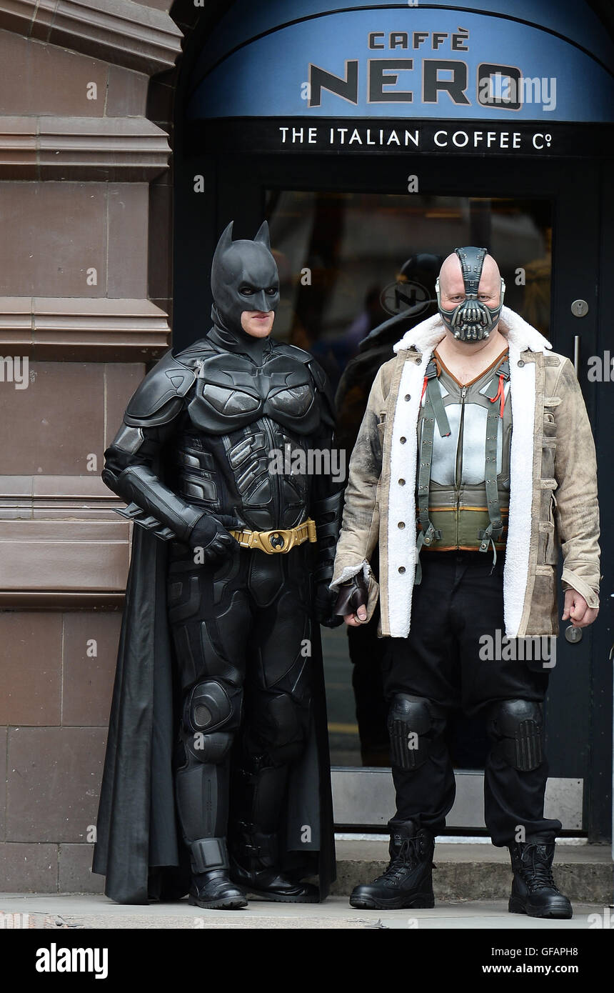 Manchester, UK. 30th July, 2016. Batman stops off at Cafe Nero in  Manchester City Centre, Saturday, 30, July Manchester, United Kingdom.  Credit: Stephen Searle/Alamy Live News Stock Photo - Alamy