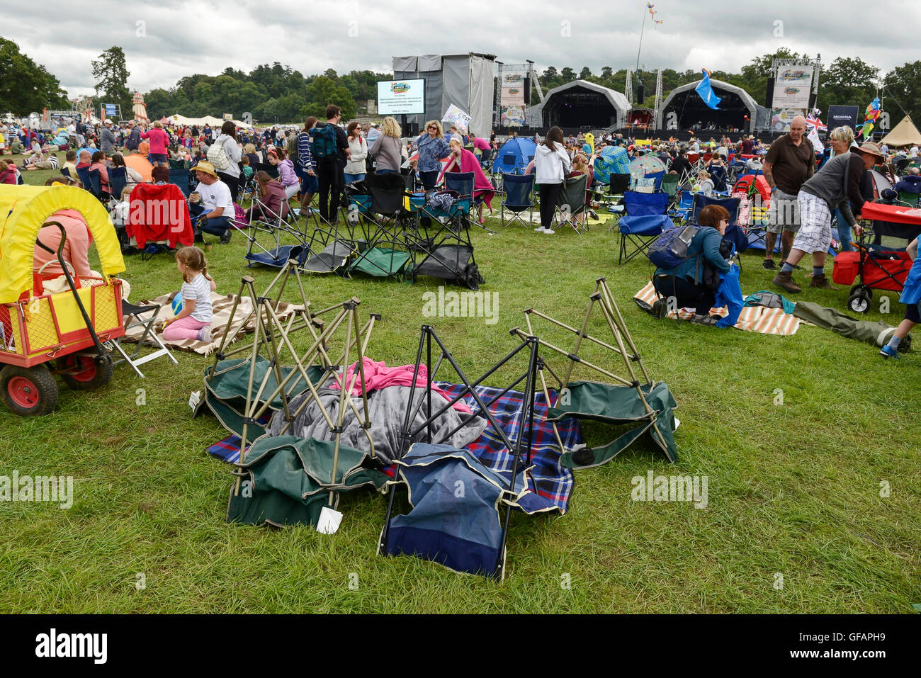 Carfest North, Bolesworth, Cheshire, UK. 30th July 2016. People saving their space at the Main stage. The event is the brainchild of Chris Evans and features 3 days of cars, music and entertainment with profits being donated to the charity Children in Need. Andrew Paterson/Alamy Live News Stock Photo