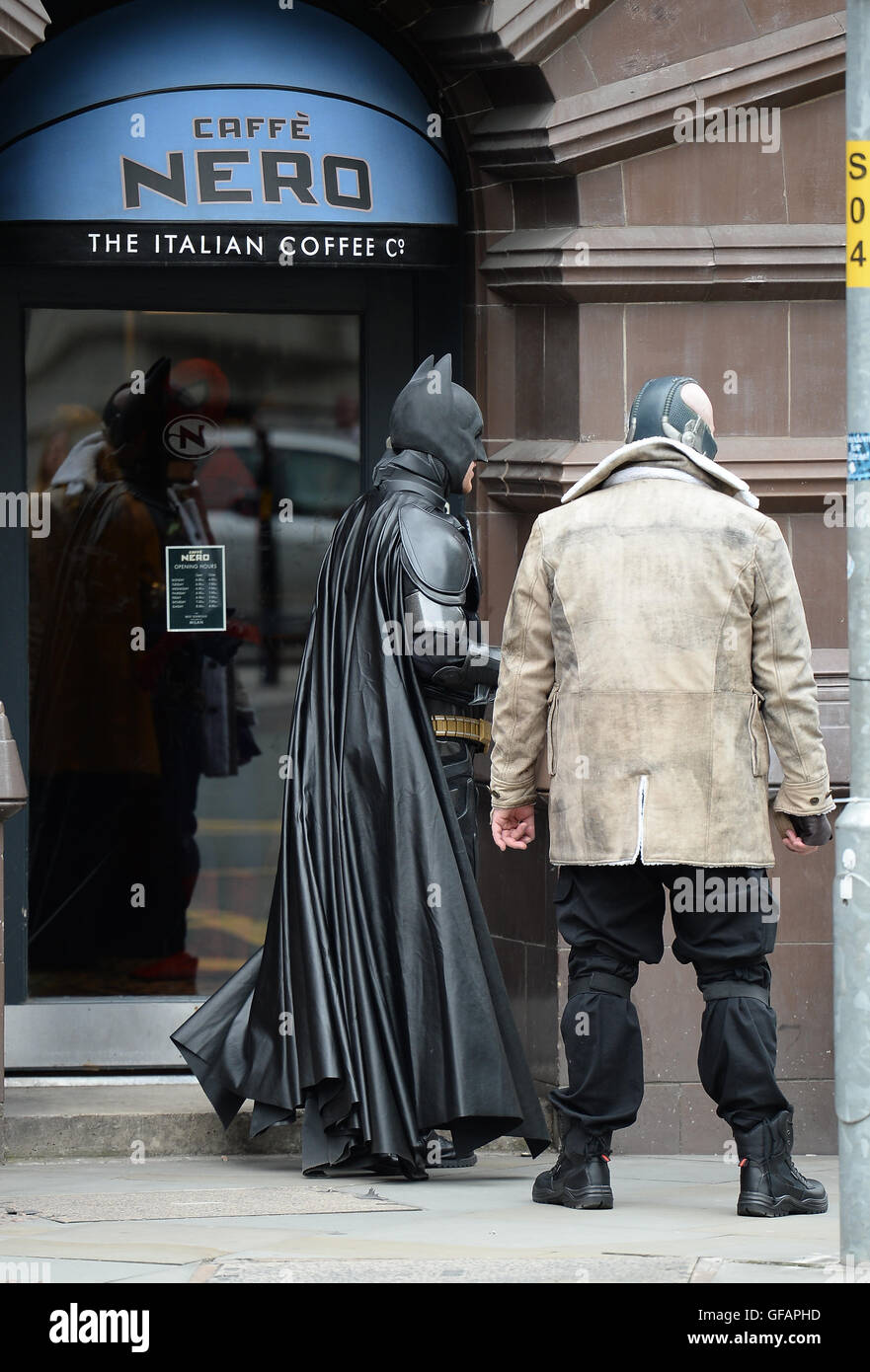 Manchester, UK. 30th July, 2016. Batman stops off at Cafe Nero in Manchester City Centre, Saturday, 30, July Manchester, United Kingdom. Credit:  Stephen Searle/Alamy Live News Stock Photo