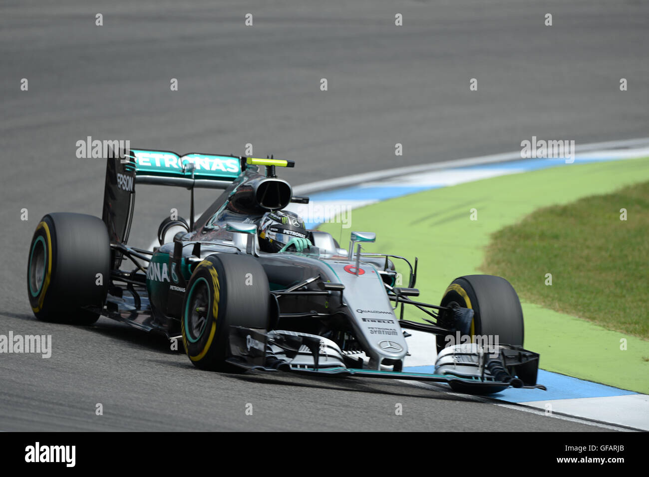 Hockenheim, Germany. 30th July, 2016. German Formula 1 racer Nico Rosberg from Mercedes AMG Petronas drives during the qualifier on the Hockenheimring in Hockenheim, Germany, 30 July 2016. The German Grand Prix takes place on 31 July 2016. Photo: WOLFRAM KASTL/dpa/Alamy Live News Stock Photo