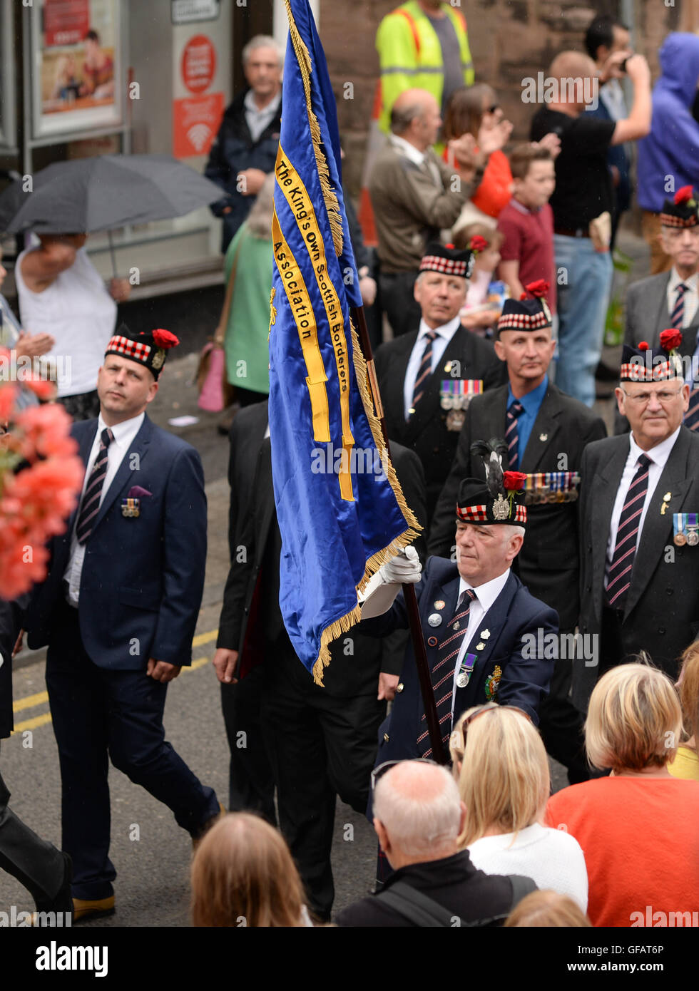 Berwick-on-Tweed, Northumberland, UK. 30 July 2016. The Kings Own Scottish Borderers association mark Minden Day in Berwick upon Tweed, celebrated as their most auspicious Battle Honour. Veterans from the Second World War to veterans of recent conflicts were on parade. Credit:  Jim Gibson/Alamy Live News Stock Photo